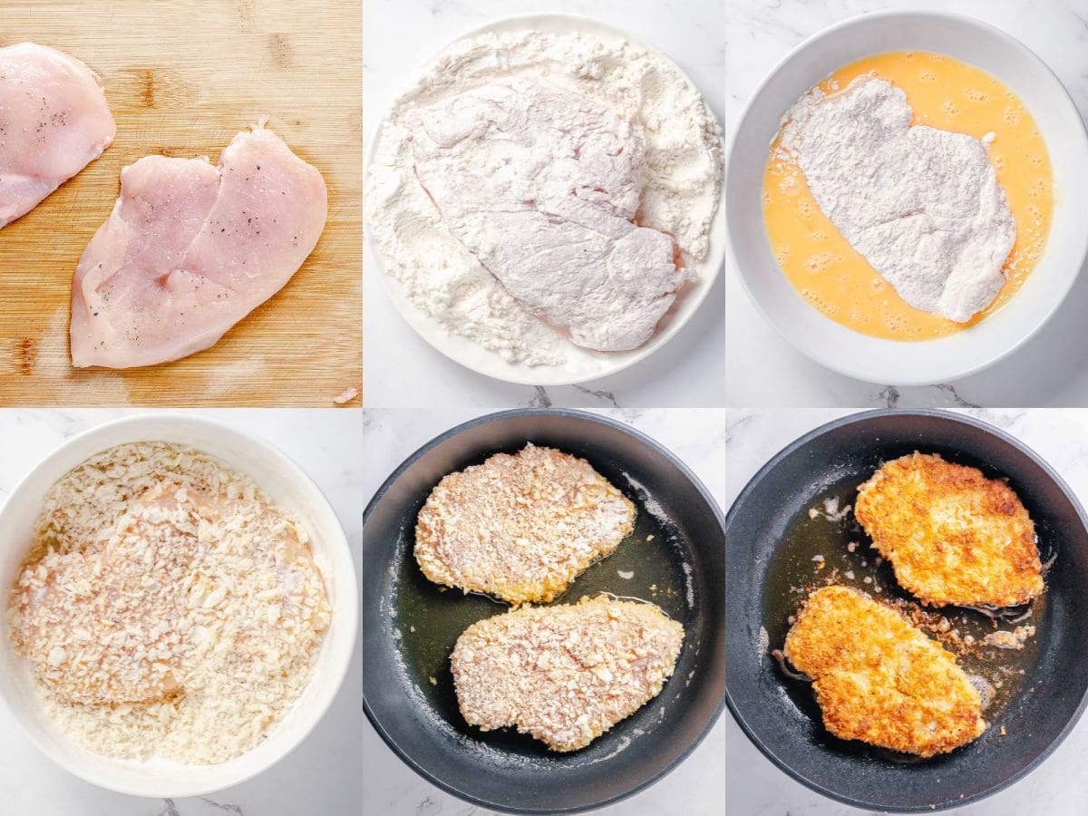 six image collage showing how to make a crispy chicken cutlet.
