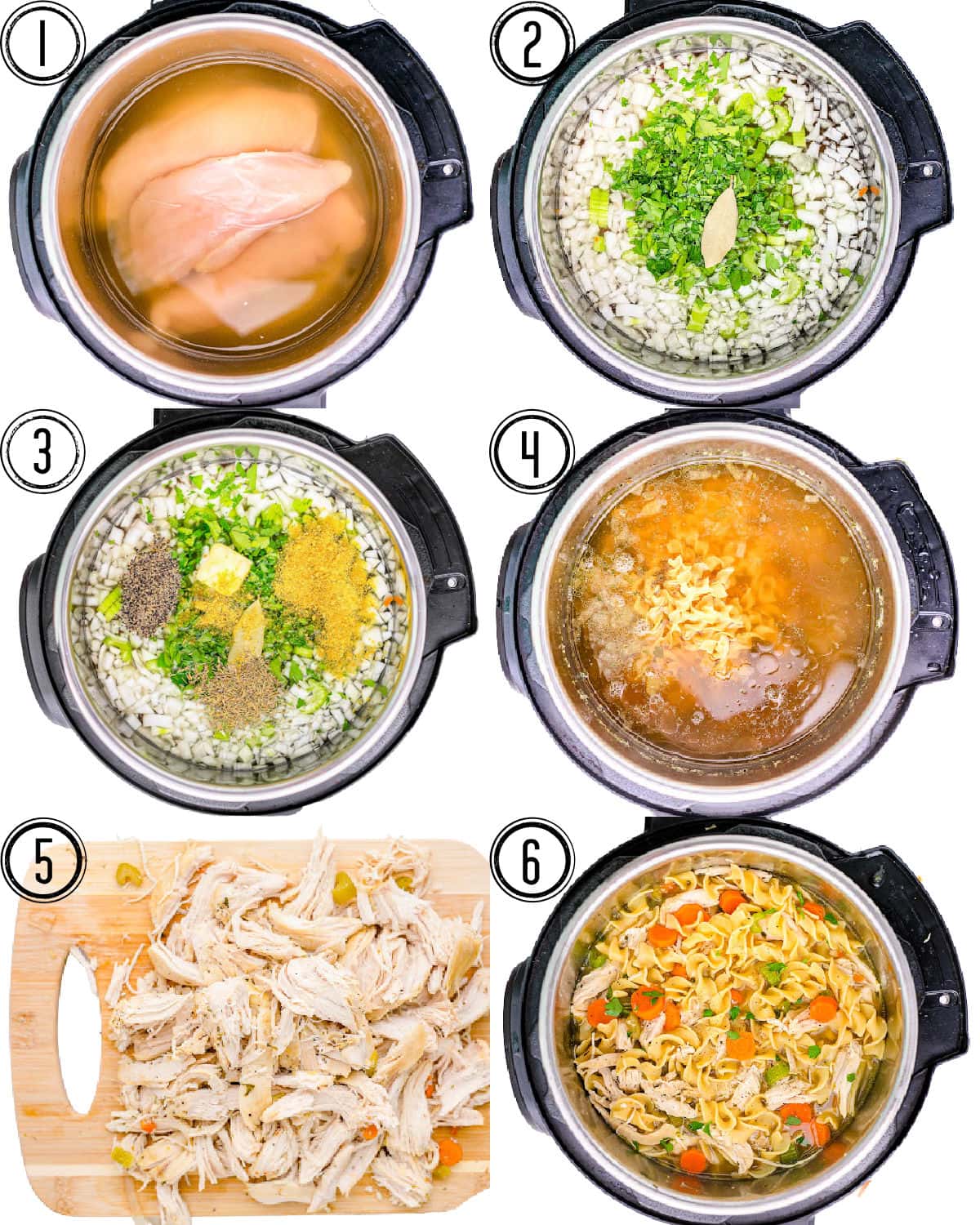 six image collage showing the easy steps of how to make instant pot chicken noodle soup.