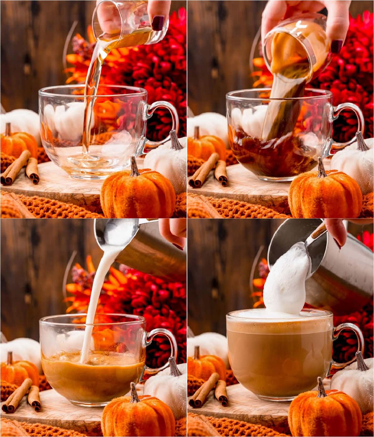 four image collage showing how to make pumpkin spice latte.