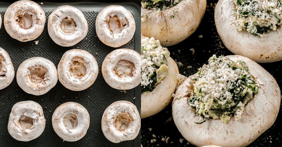 two image collage of mushrooms ready to be stuffed and then stuffed ready to go into the oven.
