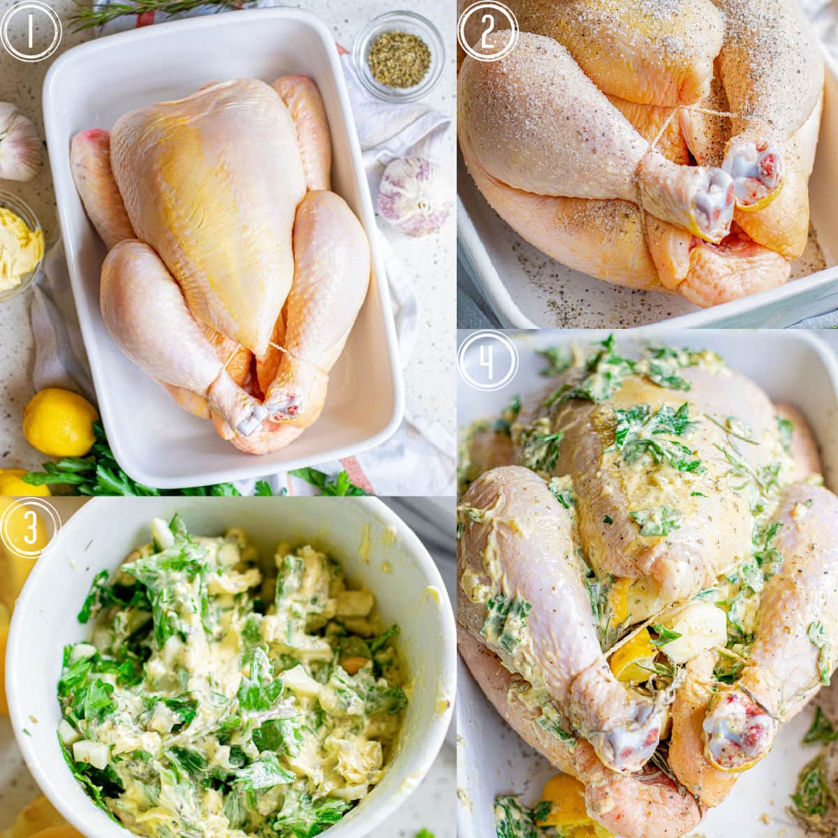 4 image collage showing chicken being prepped for roating.