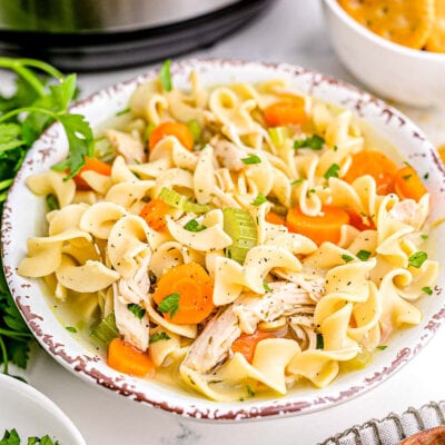 bowl of chicken noodle soup garnished with chopped fresh parsley sitting in front of an instant pot.