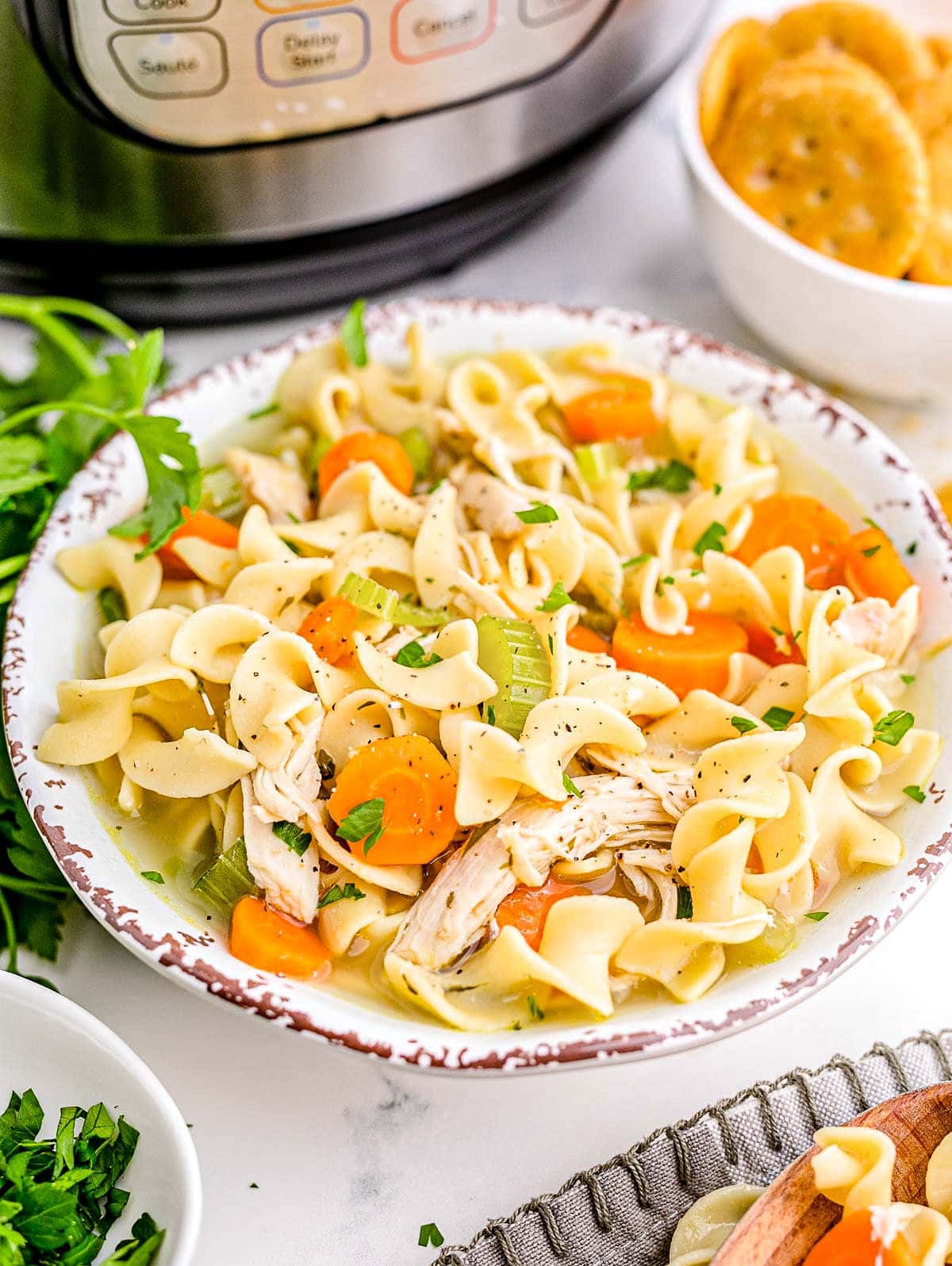 bowl of chicken noodle soup garnished with chopped fresh parsley sitting in front of an instant pot.