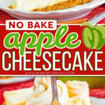 two image collage showing side and front views of a slice of apple cheesecake. center color block with text overlay.