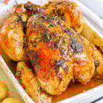 roasted chicken with golden skin and herbs cooked on top sitting in white roasting dish.