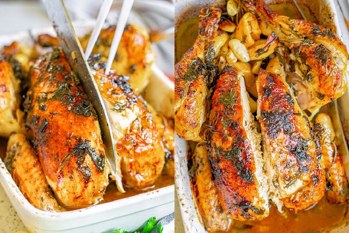 two image collage showing how to carve a roasted chicken.