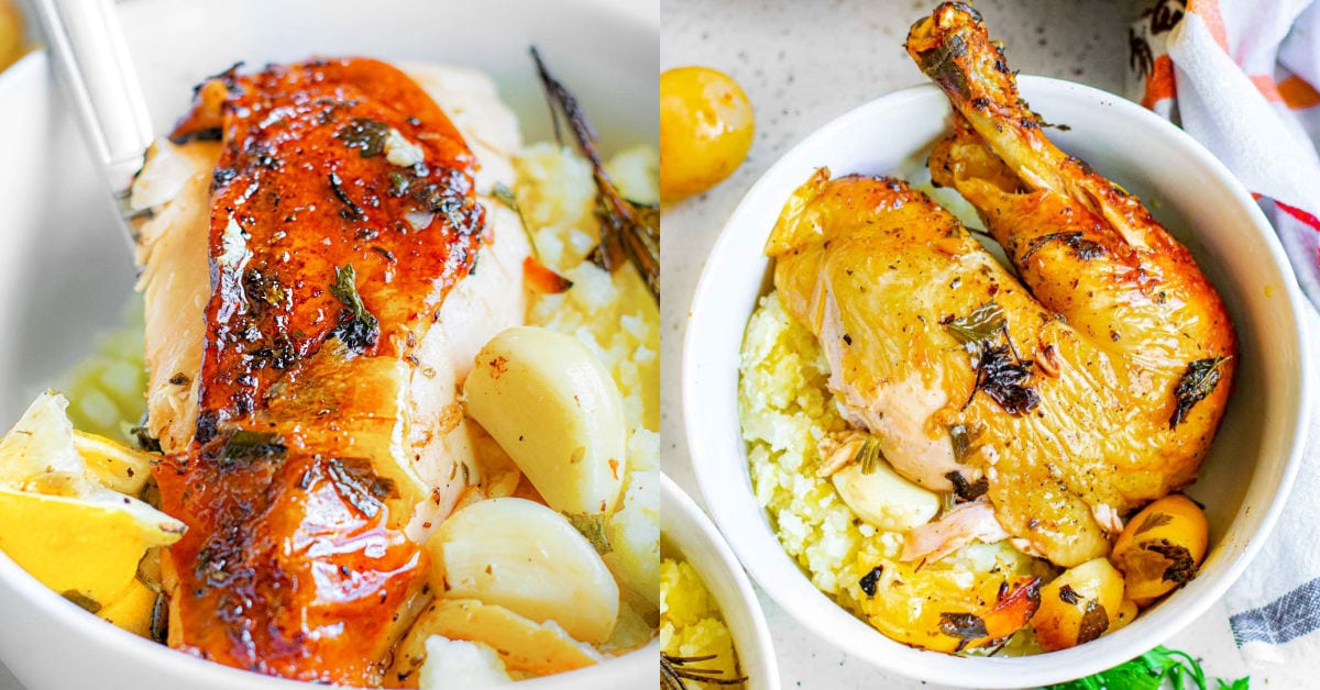 two image collage with pieces of chicken ready to be enjoyed from a roasted chicken.