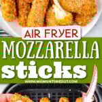 two image collage showing mozzarella cheese sticks on plate and being pulled apart over an air fryer basket. center color block with text overlay.