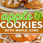 two image collage with apple cookies stack on a white plate and bottom image is a cookie with a bite taken. cookies are drizzled with a maple icing. center color block with text overlay.