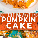 better than sex pumpkin cake with piece of cake on white plate and the baking dish with the cake in it. center color block with text overlay.