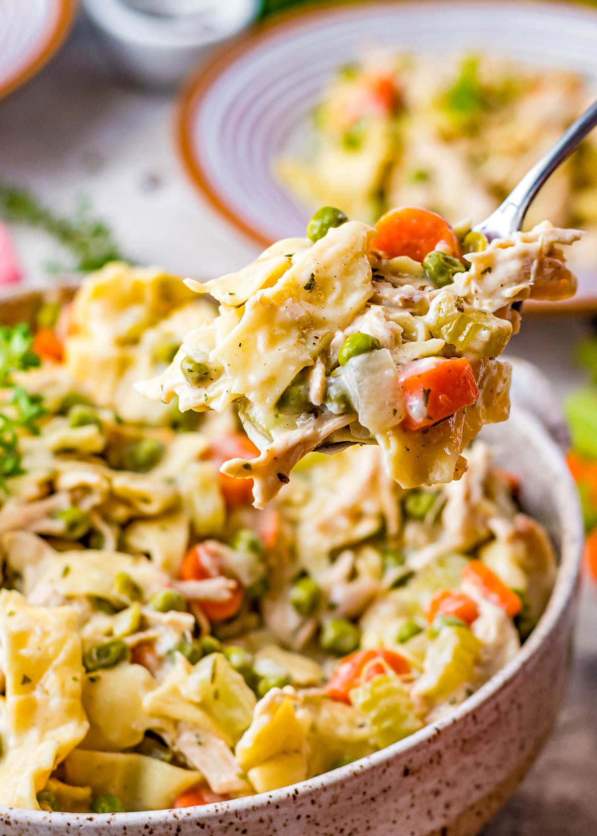 spoonful of chicken noodles dish being held up over the serving bowl.g