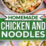 two image collage with chicken and noodles in serving bowl and on fork. center color block with text overlay.