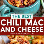 two image collage showing chili mac in teal soup bowl and ladle of it coming out of the dutch oven. center color block with text overlay.