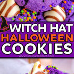 two image collage showing witch hat cookies that are purple with hershey's hugs. Bottom image shows a cookie with a bite taken. center color block with text overlay.