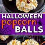 two image collage showing halloween decorated popcorn balls on black cake stand. center color block with text overlay.