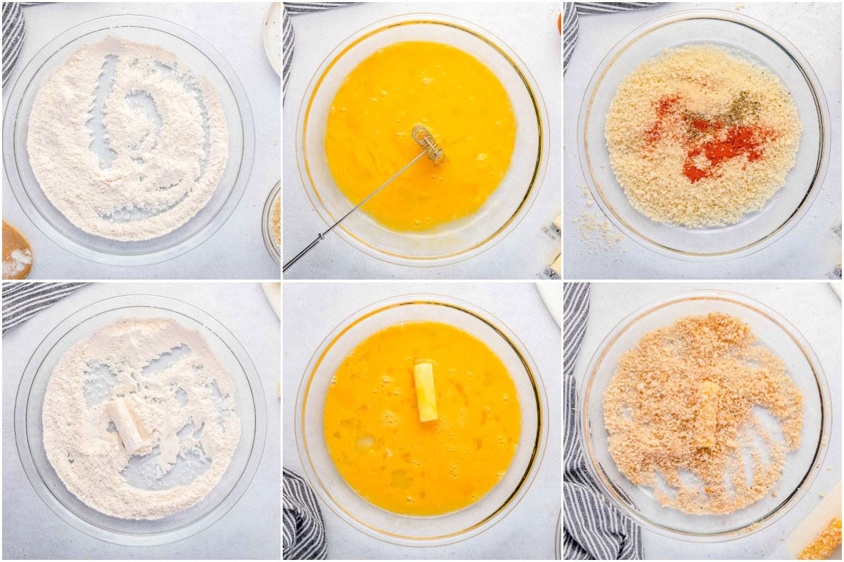 six image collage showing how to prepare mozzarella sticks for air frying.