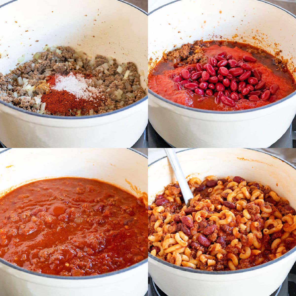 four image collage showing step by step how to make chili mac recipe.
