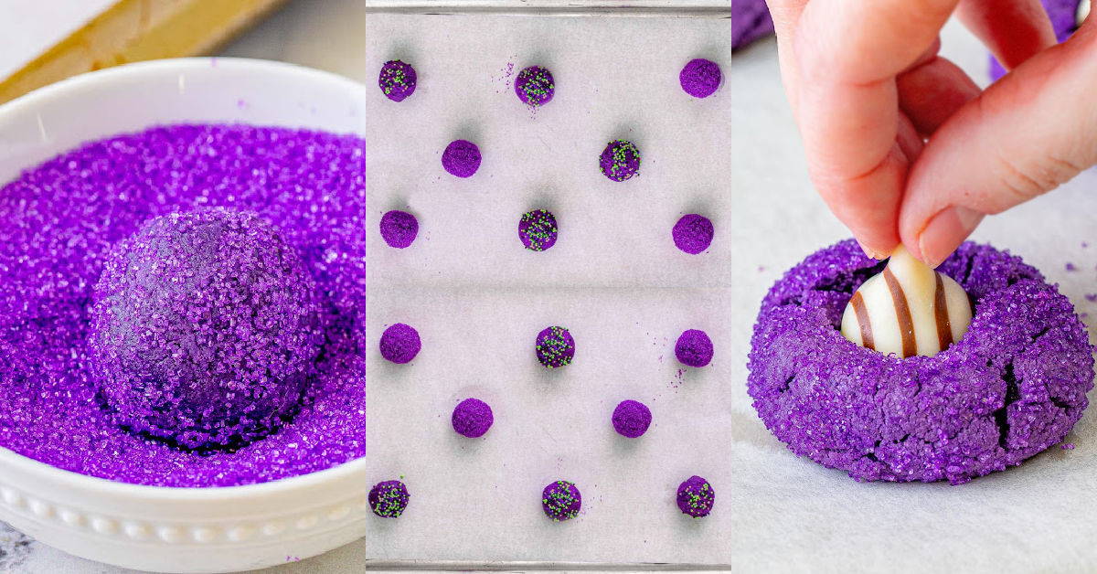 three image collage showing cookies being rolled in sugar, baked and having a kiss pressed into the top.