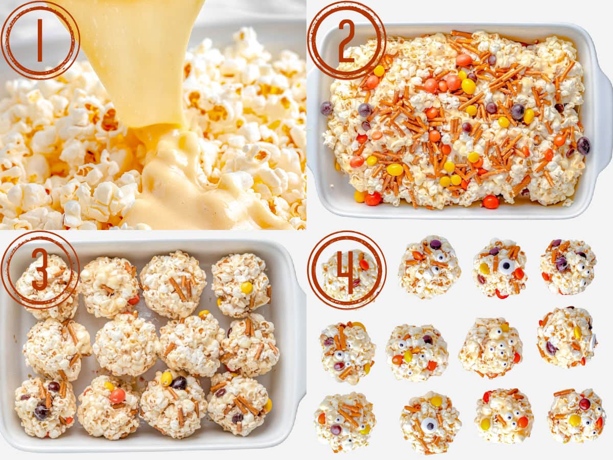 four image collage showing how to make halloween popcorn balls