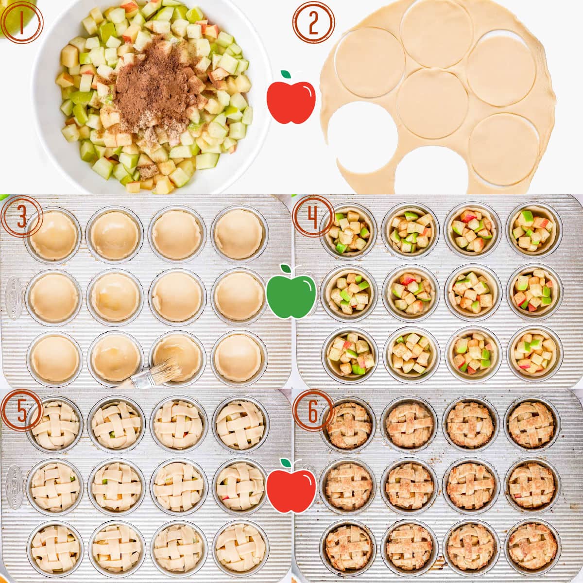 six image collage showing how to make mini apple pie recipe.