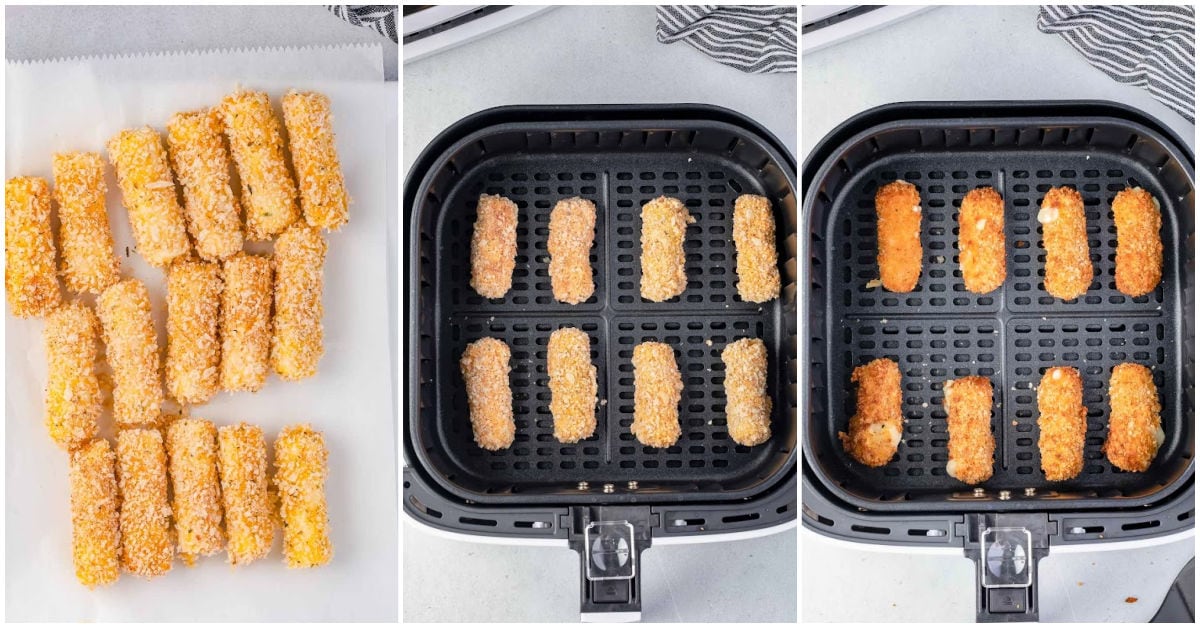 frozen mozzarella sticks in air fryer three image collage.