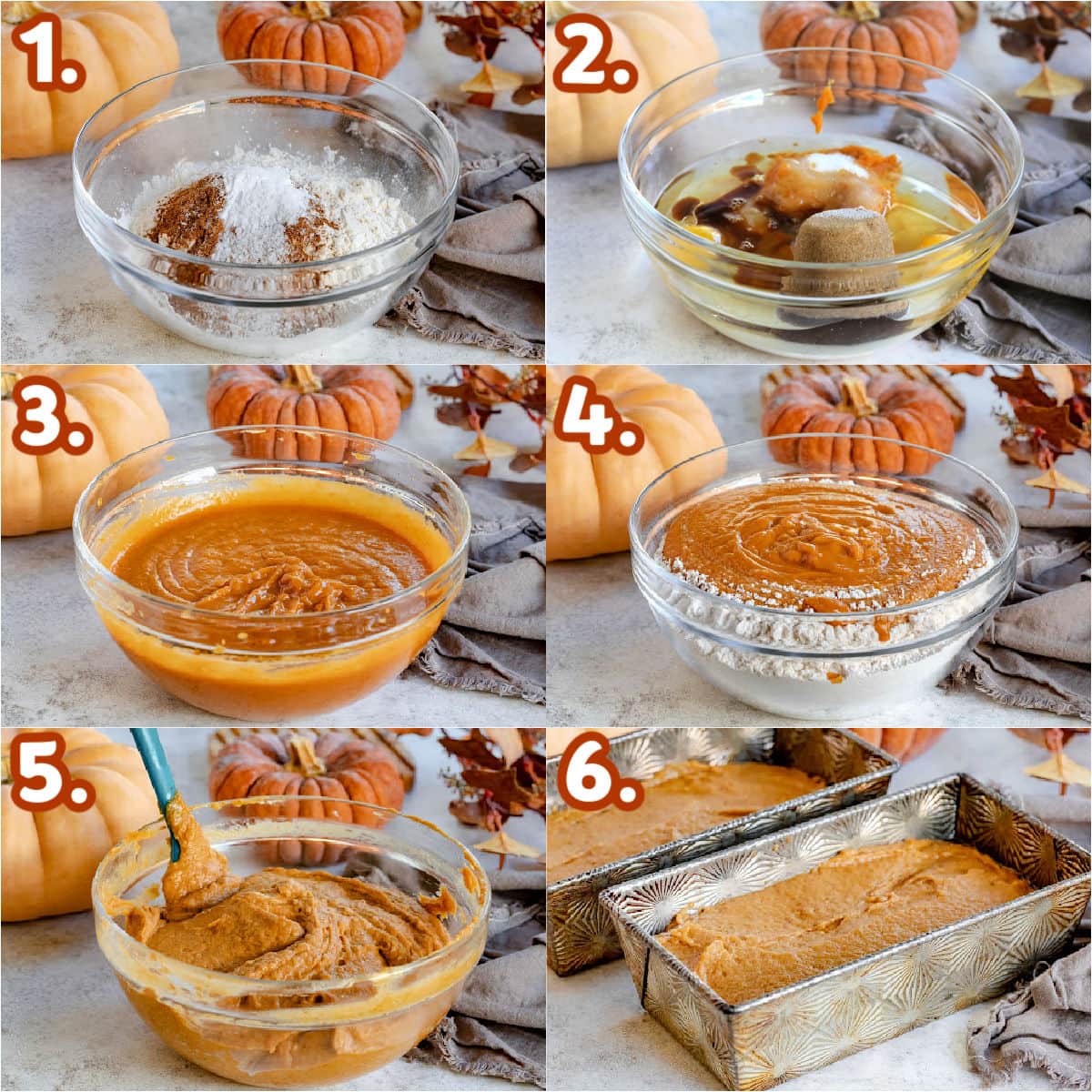 six image numbered collage showing step by step how to make pumpkin bread.