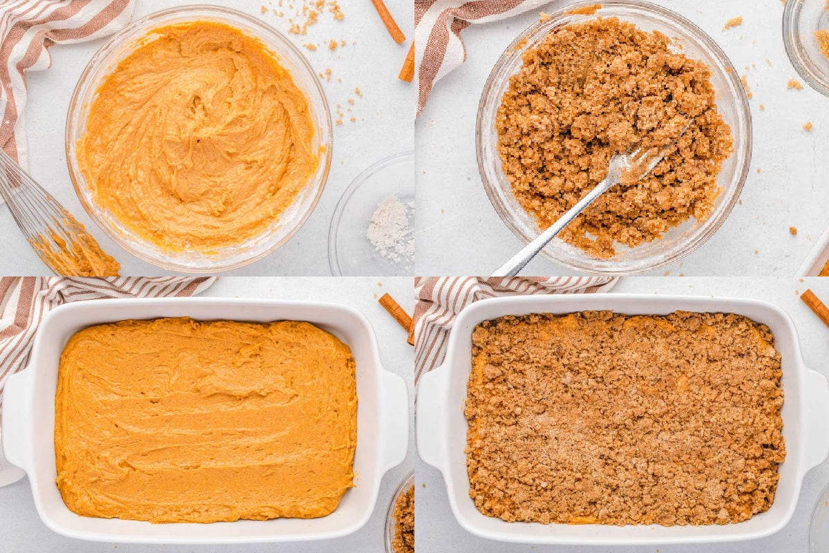 four image collage showing how to make pumpkin cake with streusel topping.