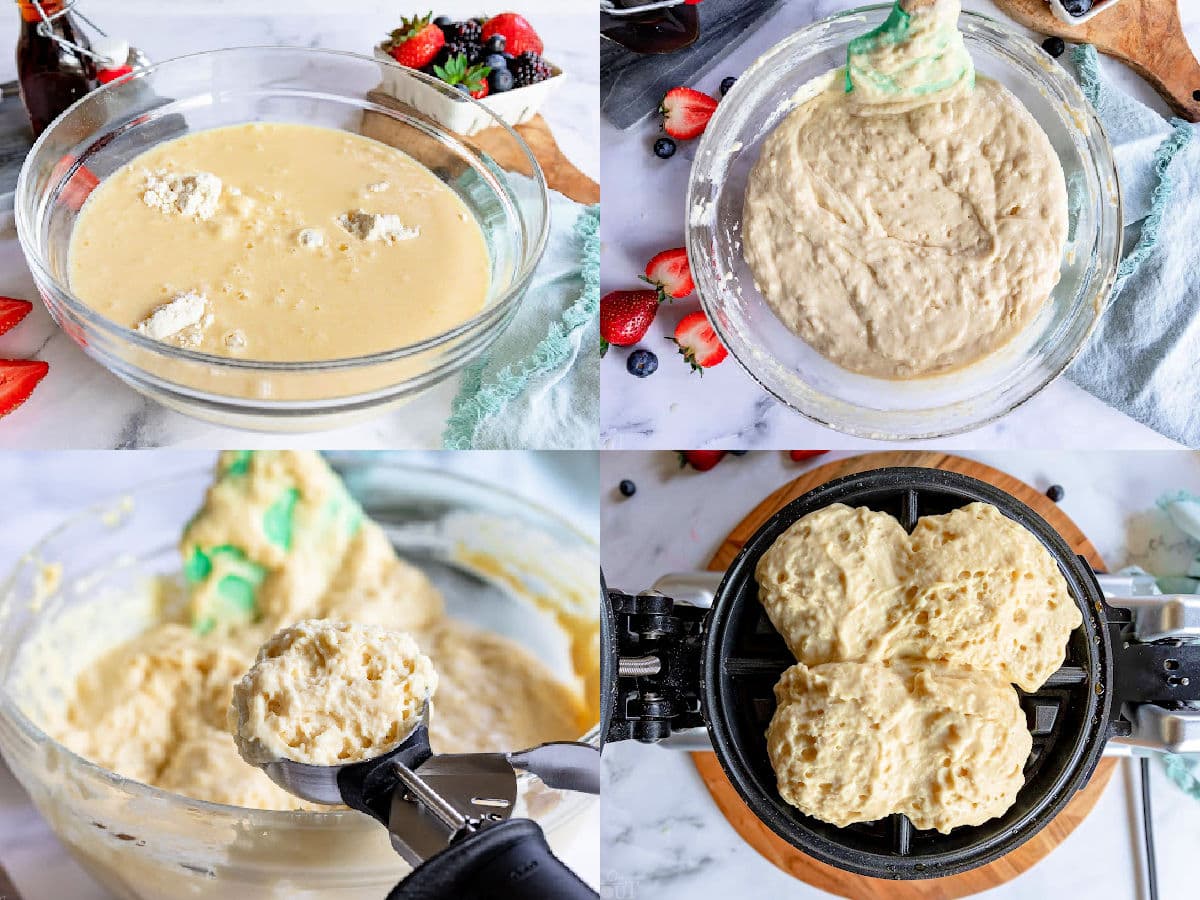 four image collage showing waffle batter being prepared and waffle being cooked on iron.