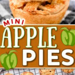 two image collage with mini apple pies stacked on each other in top image and pies cooling on wire rack in bottom image. center color block with text overlay.