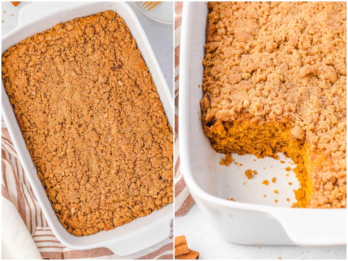 pumpkin cake with streusel topping 2 image collage. One cake is whole and one has a piece removed.