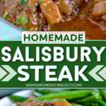 two image collage showing salisbury steak in the skillet and on a mound of mashed potatoes both with mushroom gravy on top. center color block with text overlay.