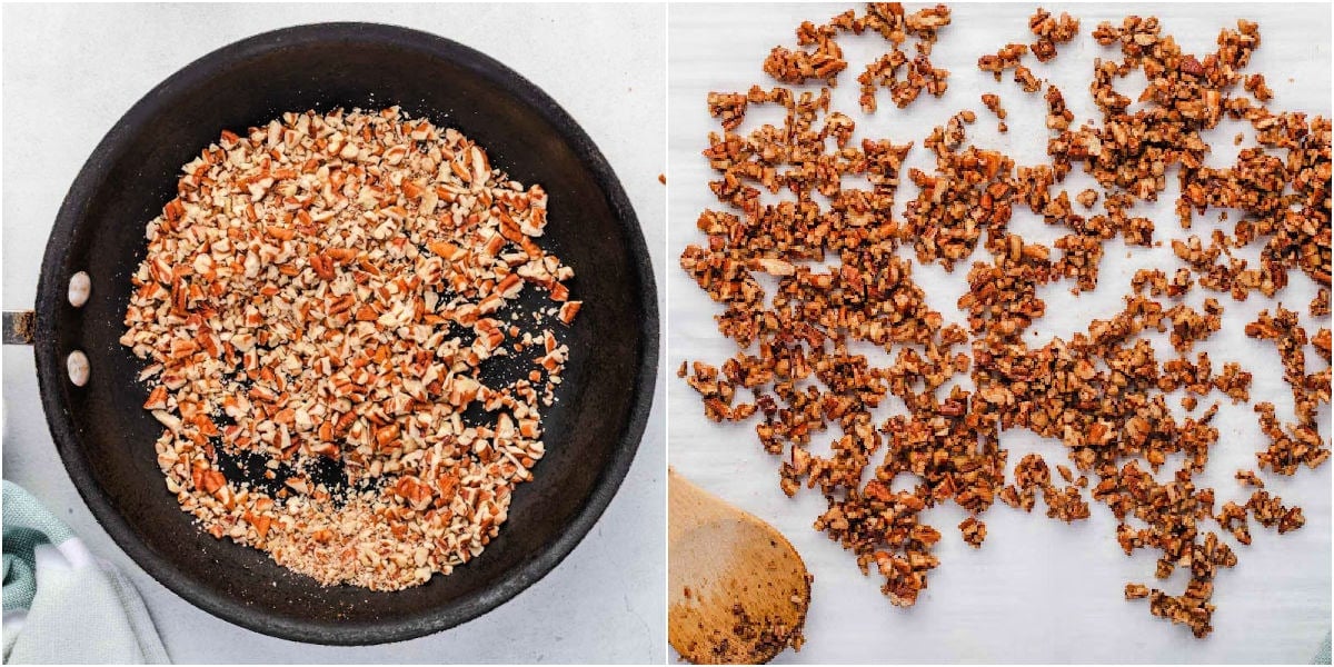 two image collage showing how to make candied pecans in a skillet.