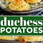 two image collage showing dutch potatoes on serving tray and bottom images shows one cut in half on a small gray plate. center color block with text overlay.
