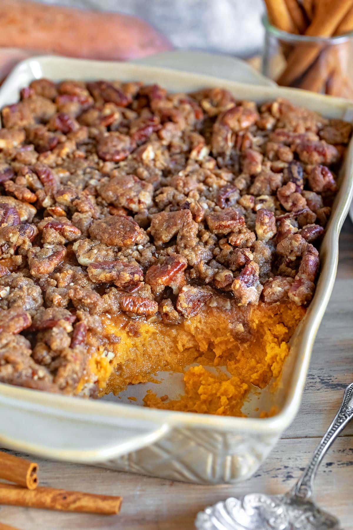 sweet potato casserole with a serving removed.