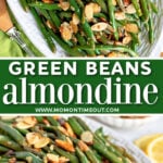 two image collage showing white serving platter loaded with green beans almondine with an almond garnish. center color block with text overlay,.