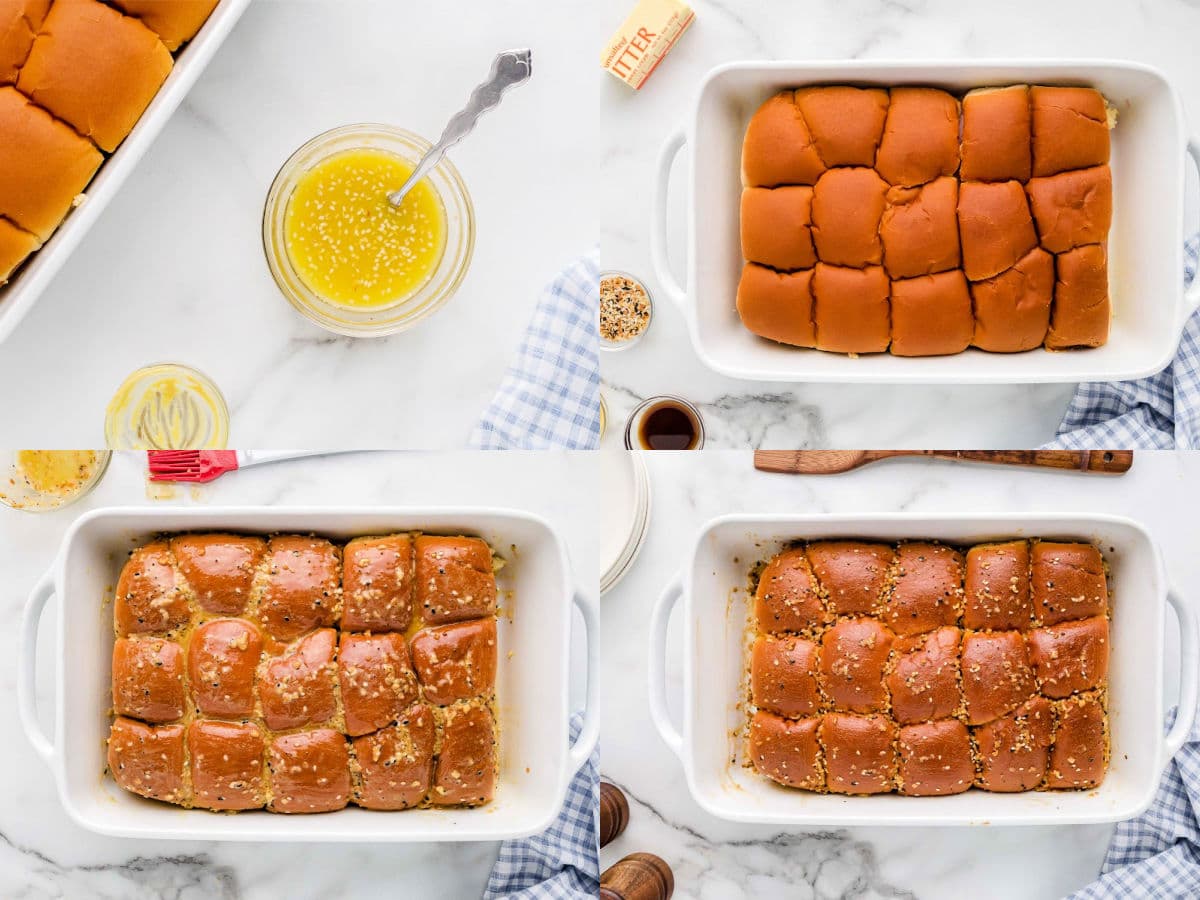 four image collage showing how to make slider topping, brushing it on rolls and baking.