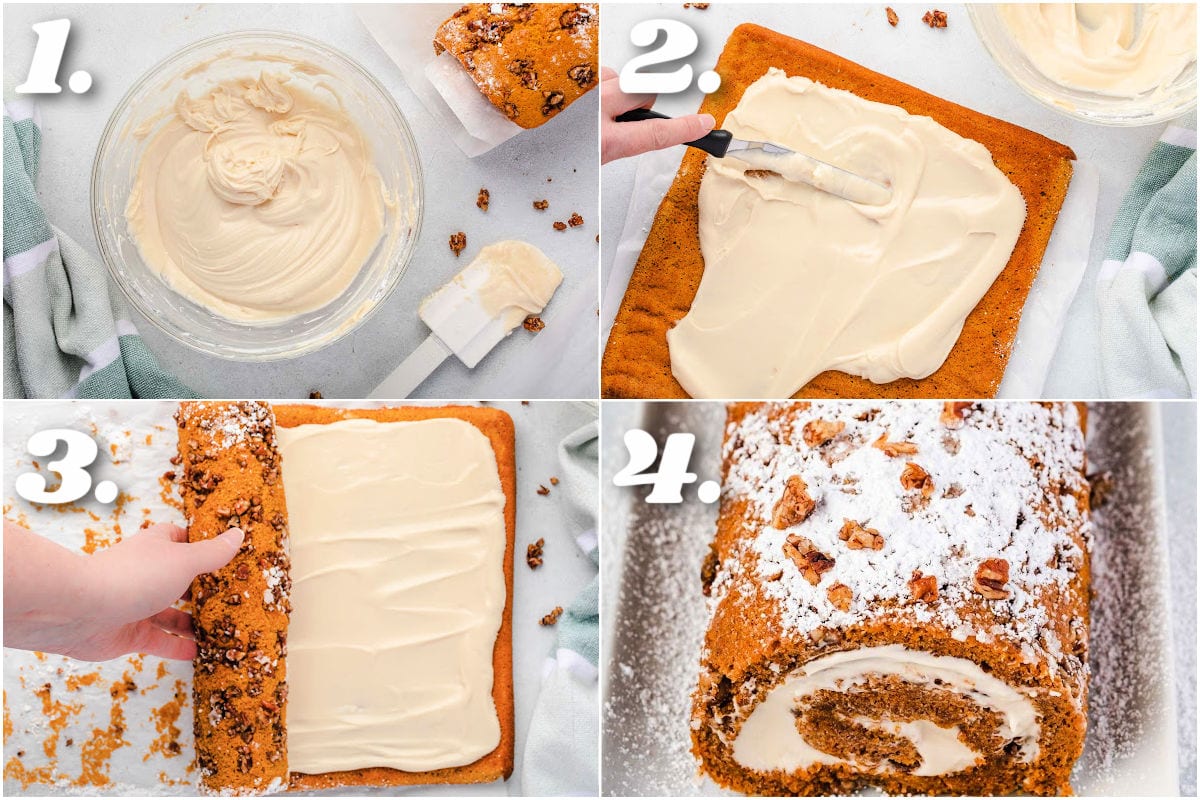 four image collage showing how to frost and how to roll up a pumpkin roll.
