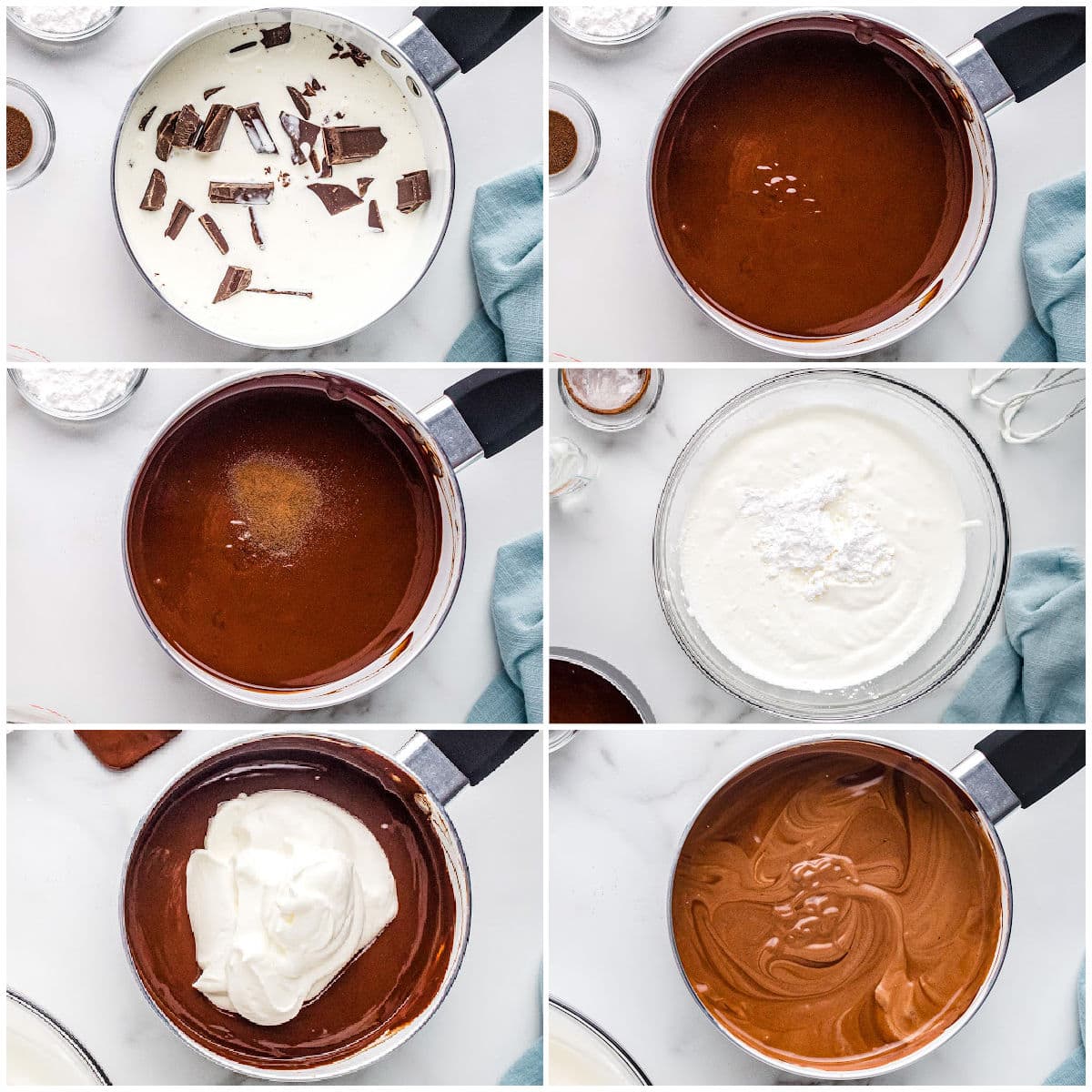 six image collage showing how to make easy chocolate mousse.