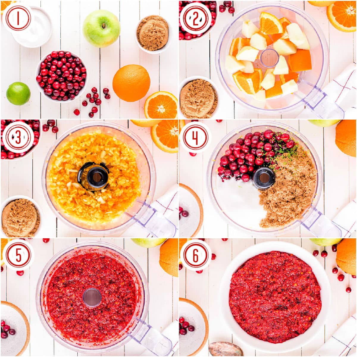 six image collage showing how to prepare the cranberry relish in a food processor.