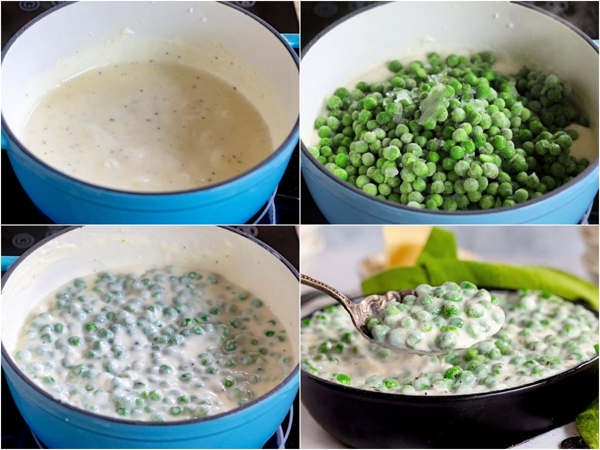 four image collage showing how to prepare creamed peas.