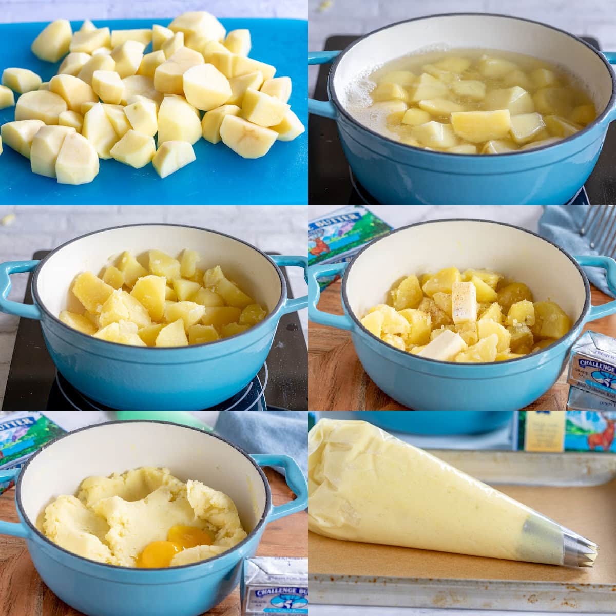 six image collage showing how to make the mashed potatoes for the Duchess potatoes.