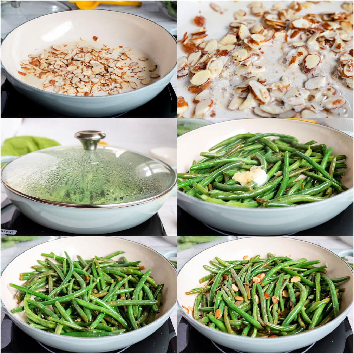 six image collage showing how to make green beans almondine in a single skillet.