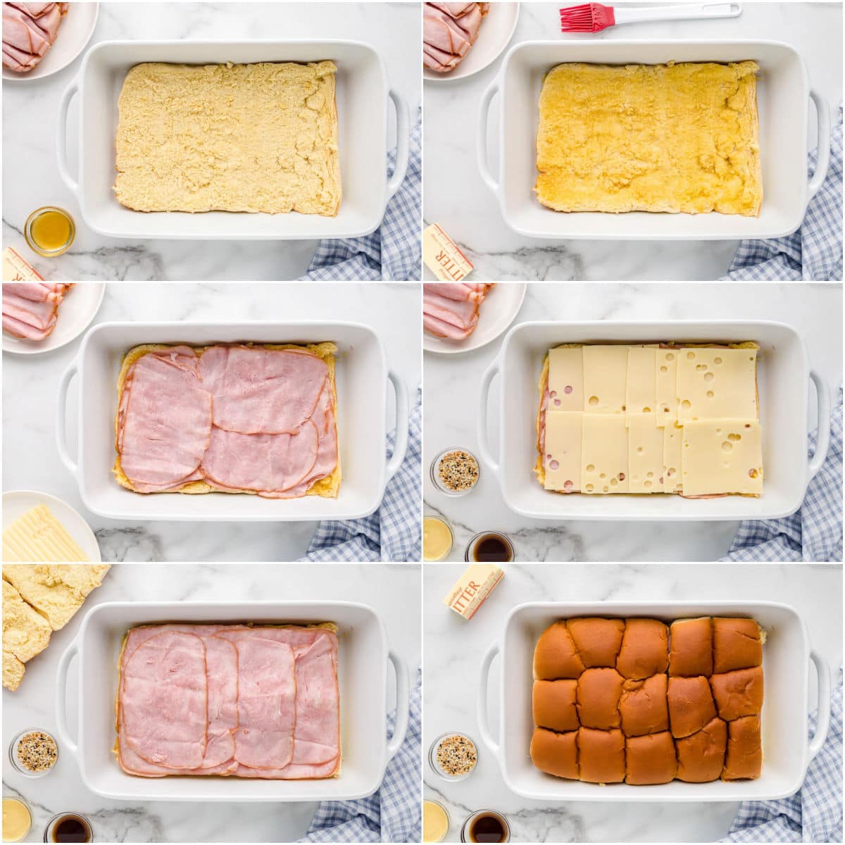 six image collages showing step by step how to assemble ham and cheese sliders in white baking dish.