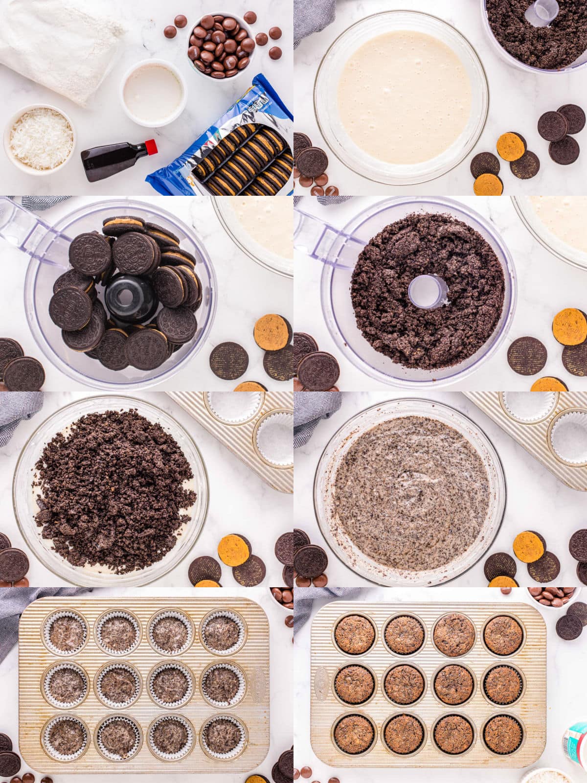 8 image collage showing how to make the oreo cupcakes and bake them.