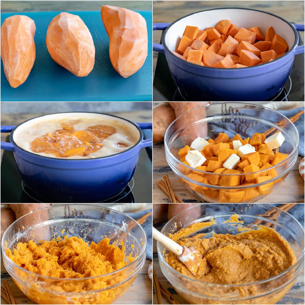 six image collage showing sweet potatoes being boiled and mashed.