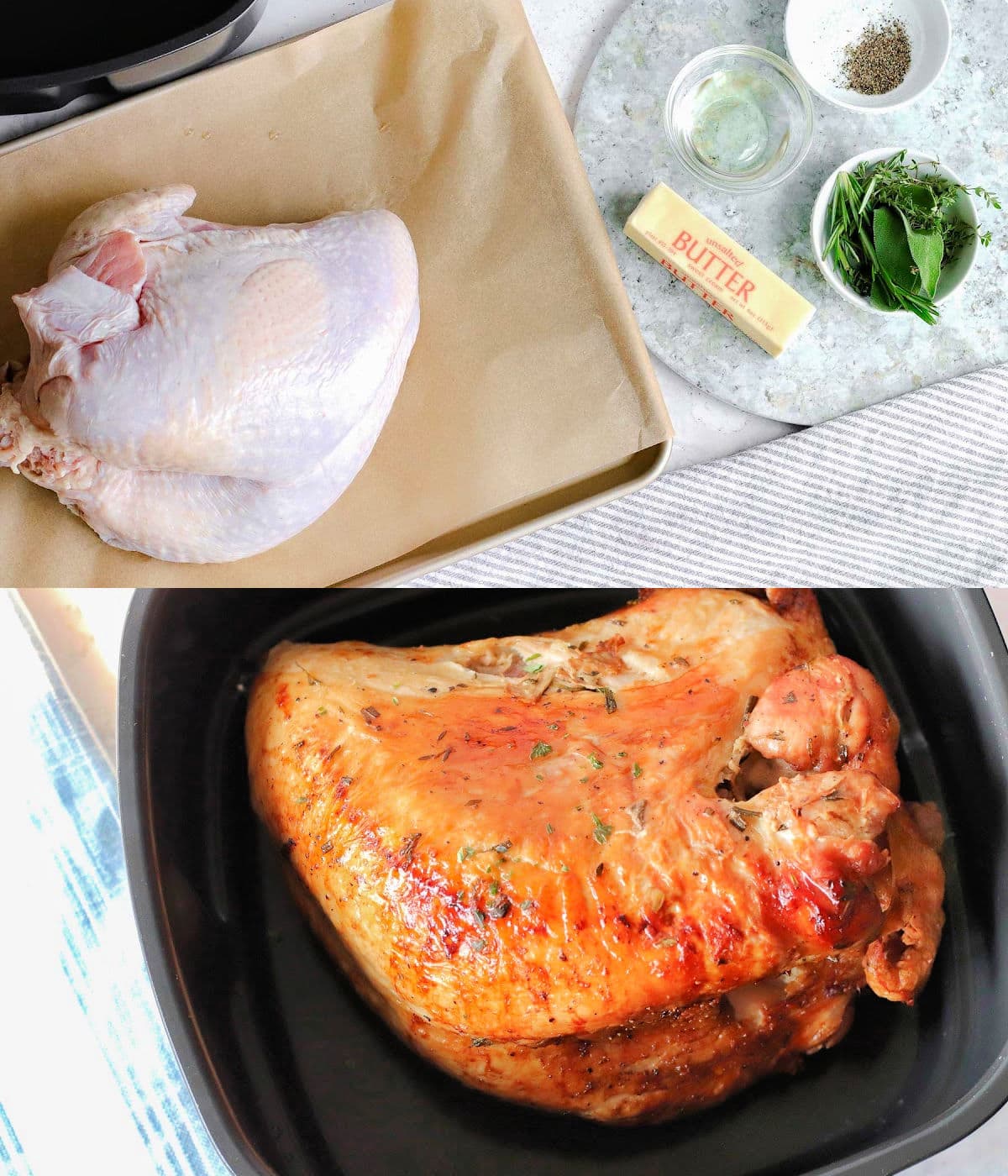 two image collage showing turkey breast next to air fryer with ingredients laid out and the bottom image shows an air fried turkey breast in the air fryer basket.