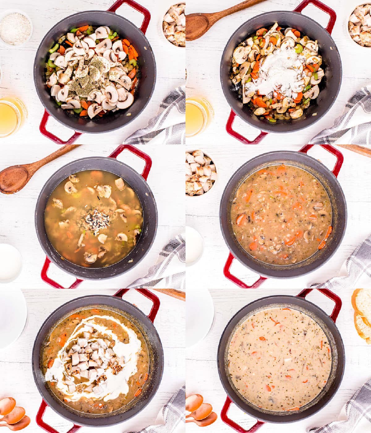 six image collage showing how to make turkey wild rice soup.
