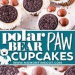 two image collage showing cupcakes decorated as polar bear paws with coconut and oreos. center color block with text overlay.