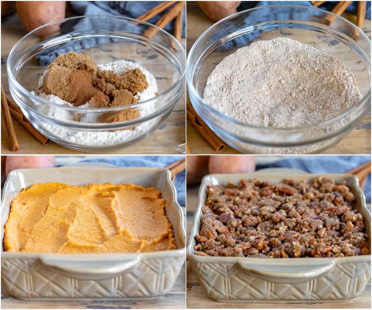 four image collage showing streusel being prepared and casserole being assembled.