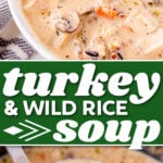 two image collage showing large white bowl with turkey soup and a ladle full of the soup in the bottom image. center color block with text overlay.